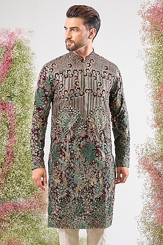 Wine Georgette Sequin & Floral Embroidered Kurta by Kasbah Clothing
