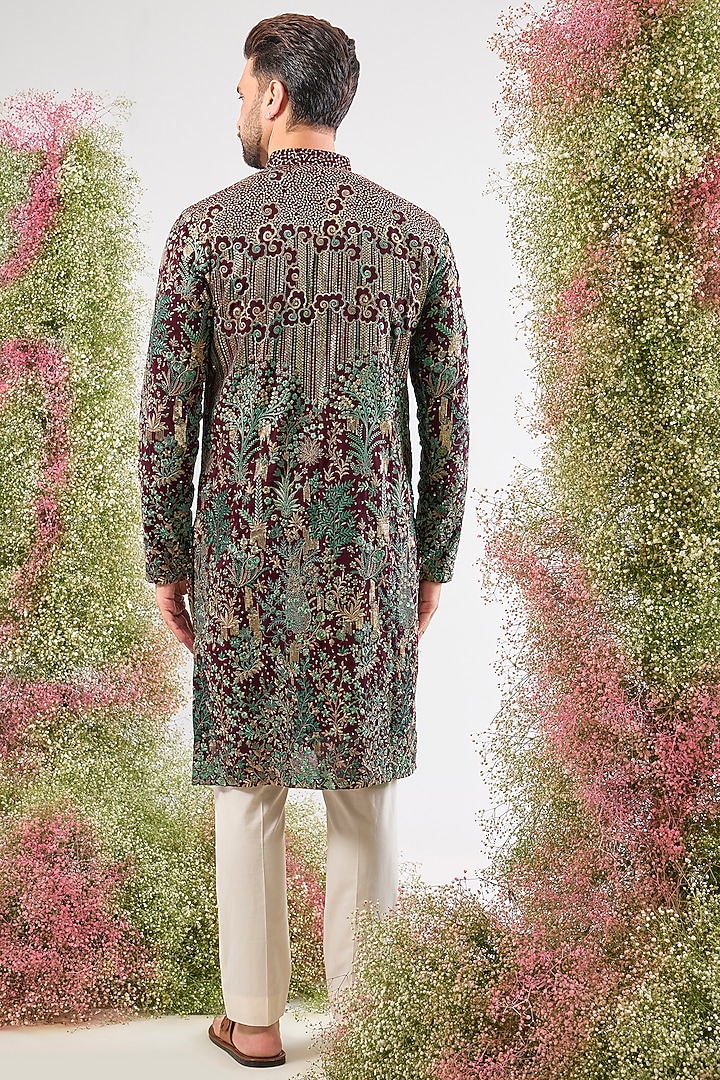Wine Georgette Sequin & Floral Embroidered Kurta by Kasbah Clothing at Pernia's Pop Up Shop