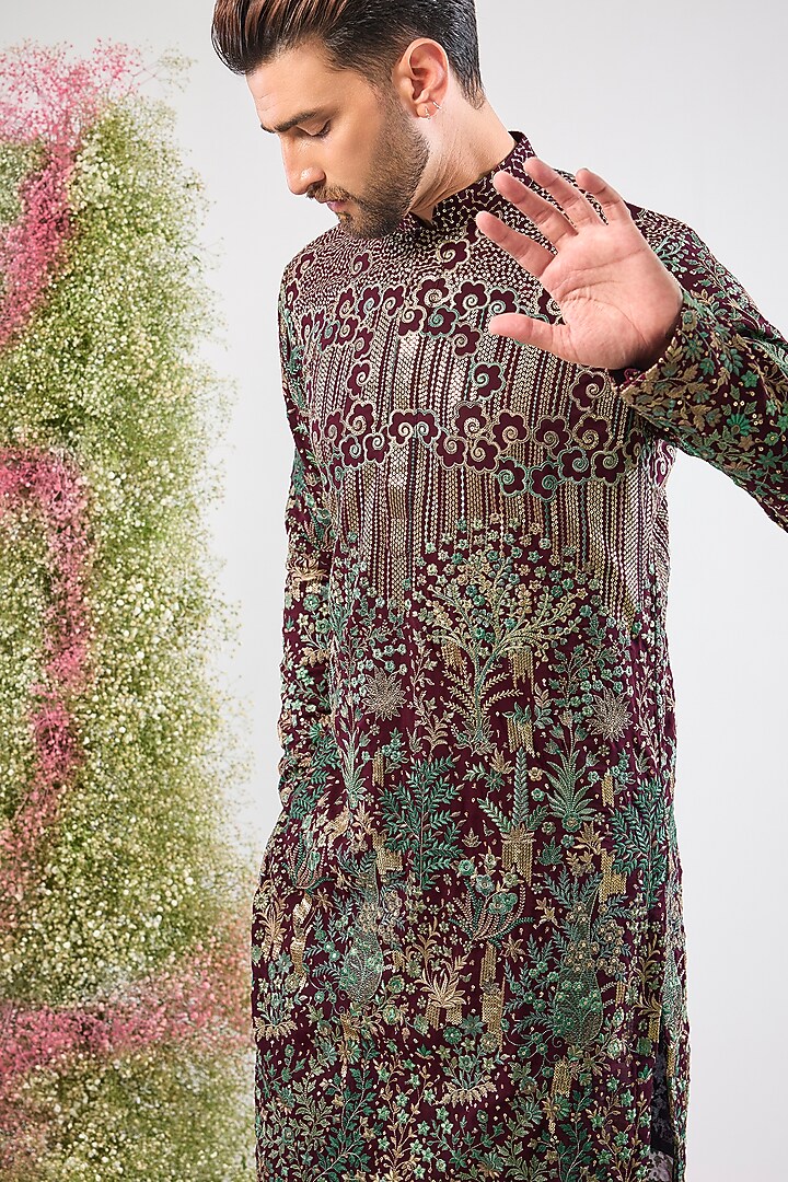 Wine Georgette Sequin & Floral Embroidered Kurta by Kasbah Clothing at Pernia's Pop Up Shop