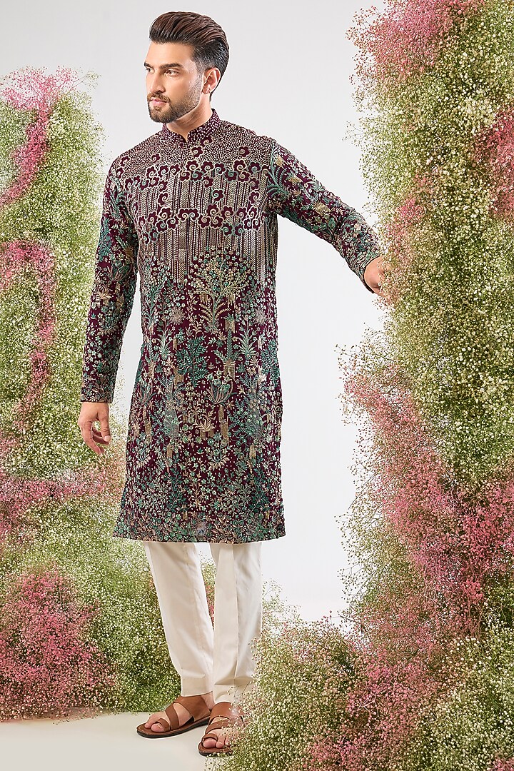 Wine Georgette Sequin & Floral Embroidered Kurta by Kasbah Clothing at Pernia's Pop Up Shop