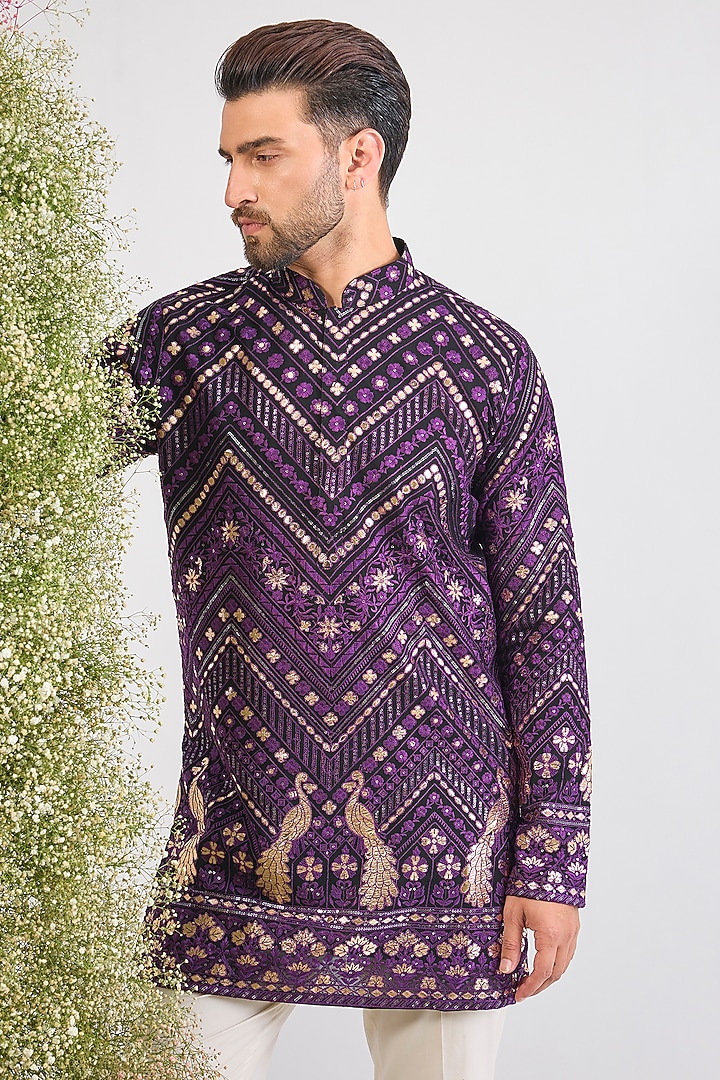 Purple Georgette Patch Work Short Kurta by Kasbah Clothing at Pernia's Pop Up Shop