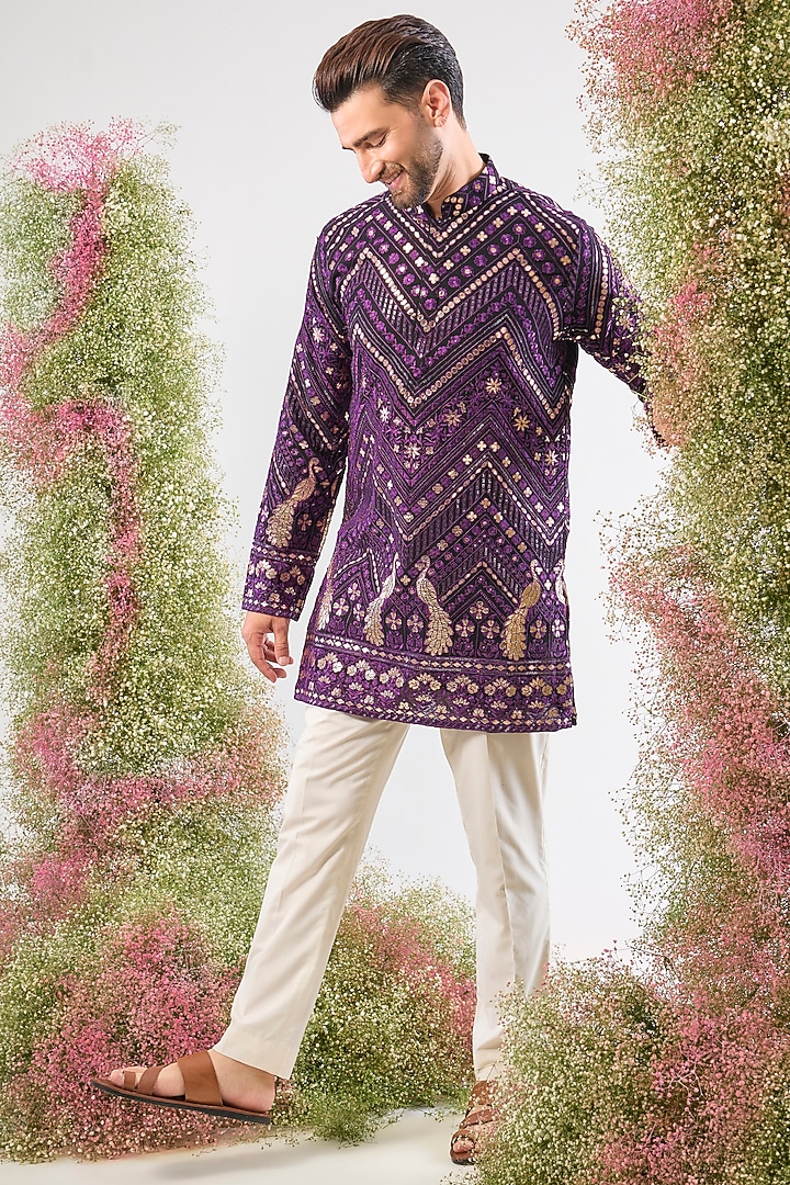 Purple Georgette Patch Work Short Kurta by Kasbah Clothing at Pernia's Pop Up Shop