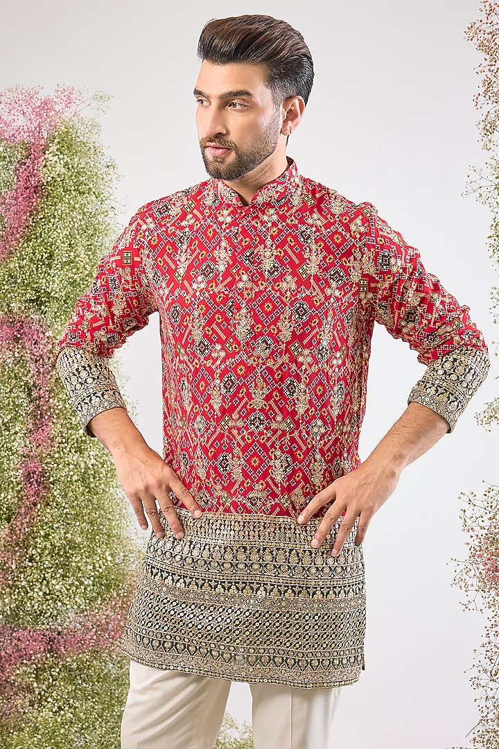 Red Georgette Zari Work Bandhani Kurta by Kasbah Clothing at Pernia's Pop Up Shop