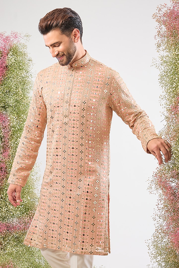 Peach Georgette Sequin & Mirror Work Kurta by Kasbah Clothing at Pernia's Pop Up Shop