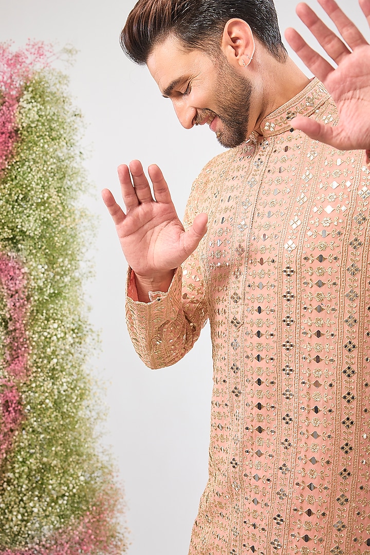 Peach Georgette Sequin & Mirror Work Kurta by Kasbah Clothing at Pernia's Pop Up Shop
