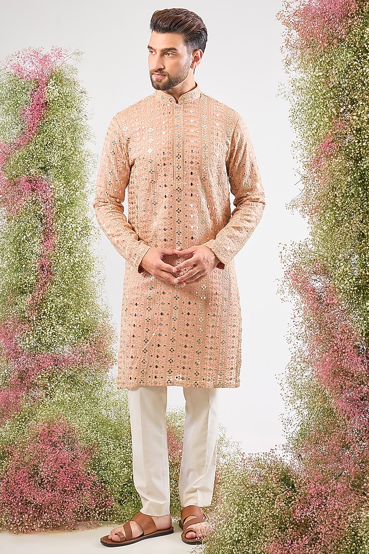Peach Georgette Sequin & Mirror Work Kurta by Kasbah Clothing at Pernia's Pop Up Shop