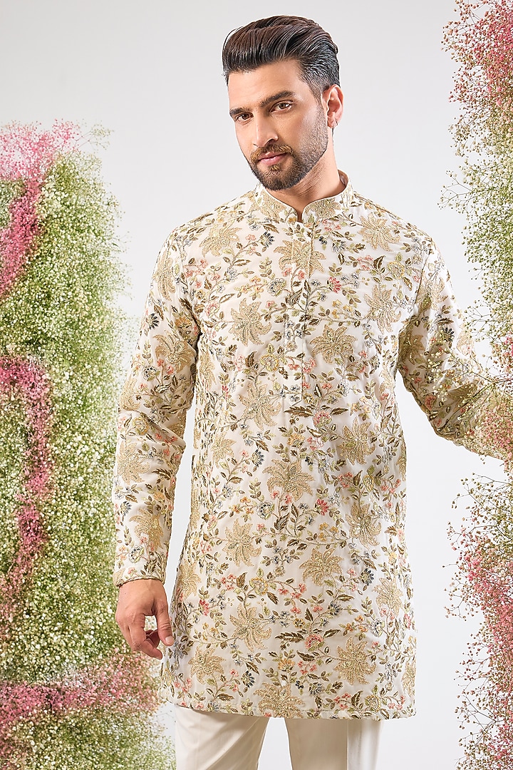 Ivory Georgette Sequin Embroidered Short Kurta by Kasbah Clothing at Pernia's Pop Up Shop