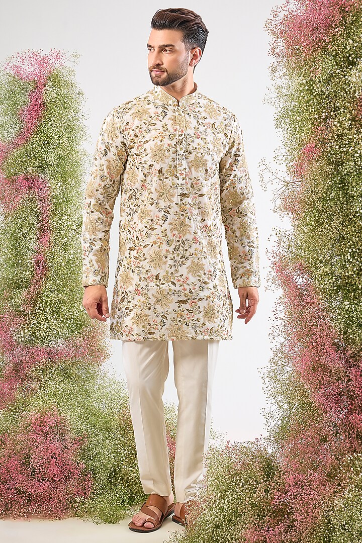 Ivory Georgette Sequin Embroidered Short Kurta by Kasbah Clothing at Pernia's Pop Up Shop