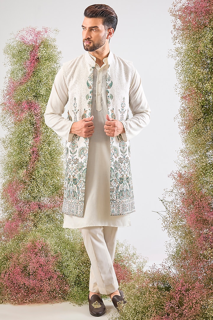 Ivory Georgette Sequin Embroidered Jacket by Kasbah Clothing at Pernia's Pop Up Shop