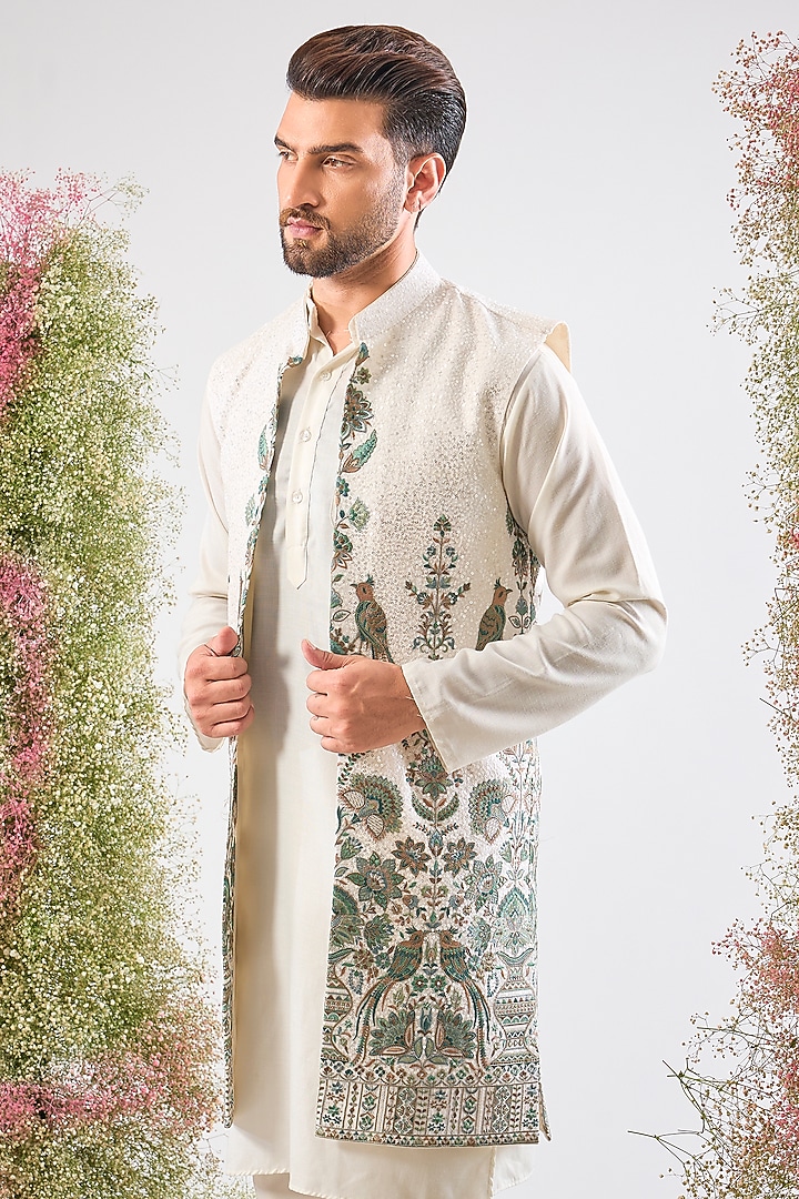 Ivory Georgette Sequin Embroidered Jacket by Kasbah Clothing at Pernia's Pop Up Shop