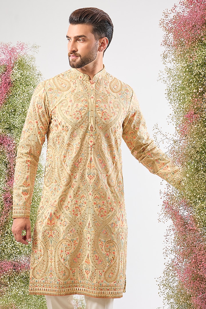 Beige Georgette Kashmiri Embroidered Kurta by Kasbah Clothing at Pernia's Pop Up Shop