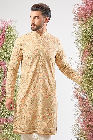 Beige Georgette Kashmiri Embroidered Kurta by Kasbah Clothing