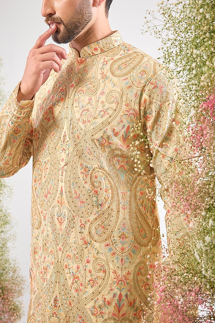 Beige Georgette Kashmiri Embroidered Kurta by Kasbah Clothing at Pernia's Pop Up Shop