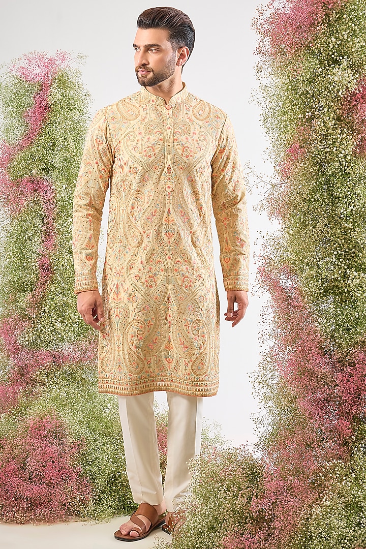 Beige Georgette Kashmiri Embroidered Kurta by Kasbah Clothing at Pernia's Pop Up Shop