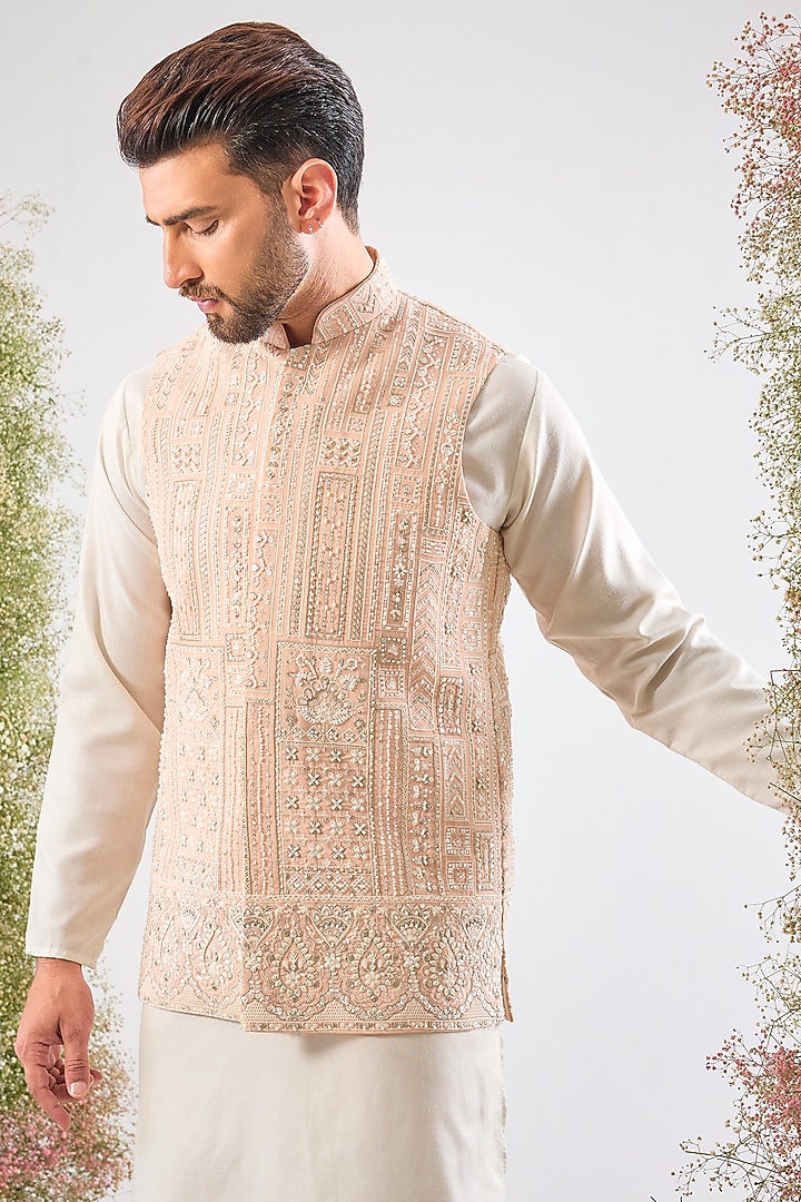 Pink Georgette Cutdana Hand Work Nehru Jacket by Kasbah Clothing at Pernia's Pop Up Shop