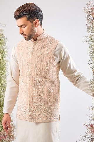 Pink Georgette Cutdana Hand Work Nehru Jacket by Kasbah Clothing
