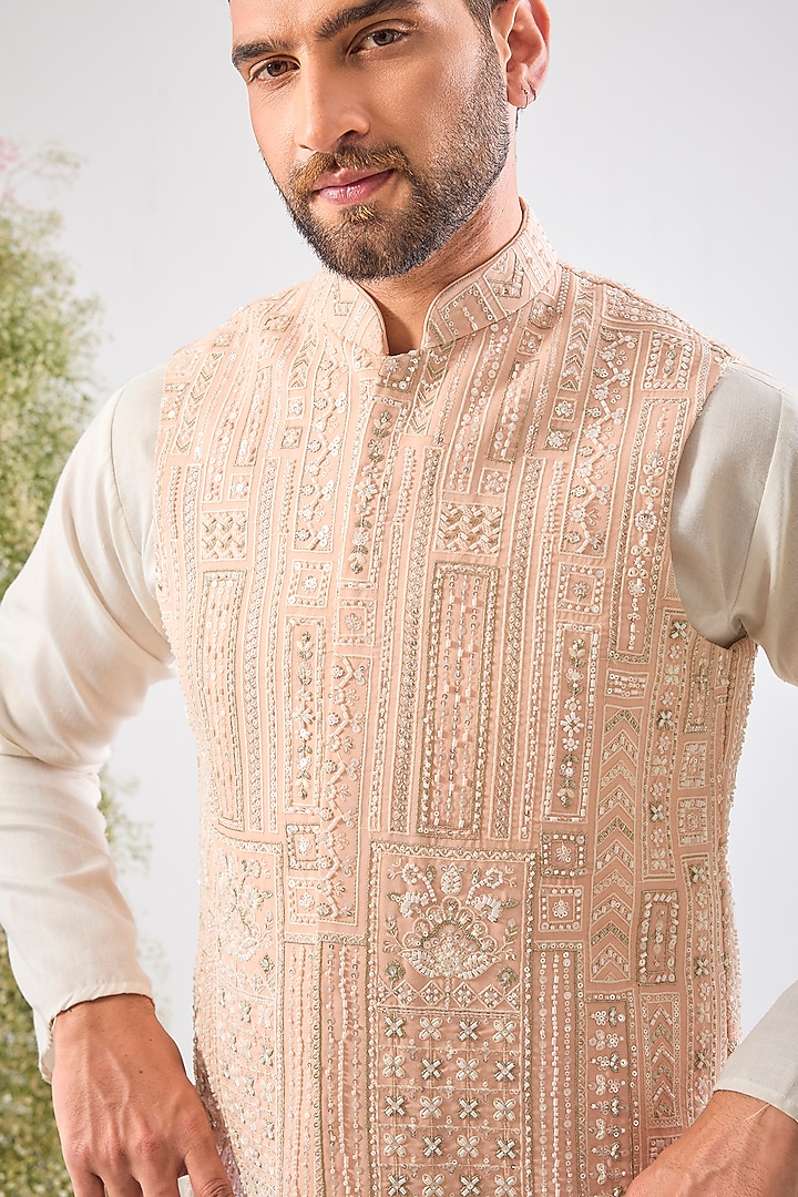 Pink Georgette Cutdana Hand Work Nehru Jacket by Kasbah Clothing at Pernia's Pop Up Shop