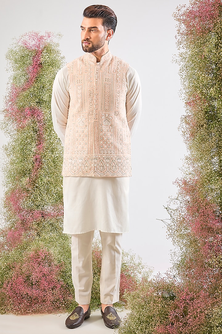 Pink Georgette Cutdana Hand Work Nehru Jacket by Kasbah Clothing at Pernia's Pop Up Shop