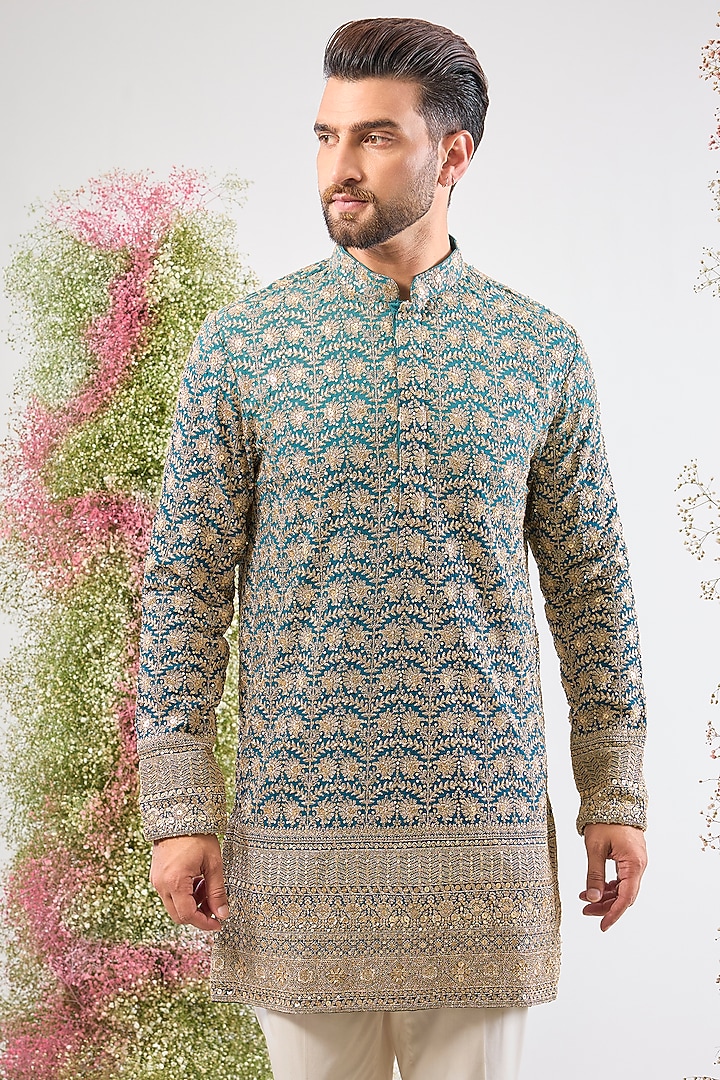 Blue Georgette Zari Work Ombre Short Kurta by Kasbah Clothing at Pernia's Pop Up Shop