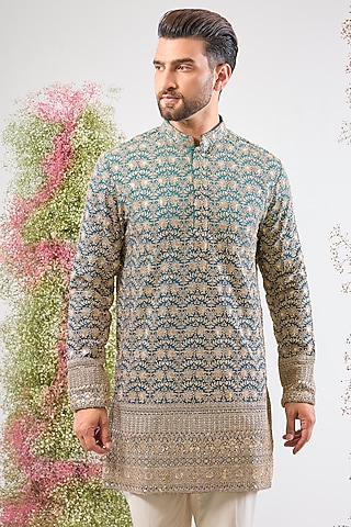 Blue Georgette Zari Work Ombre Short Kurta by Kasbah Clothing