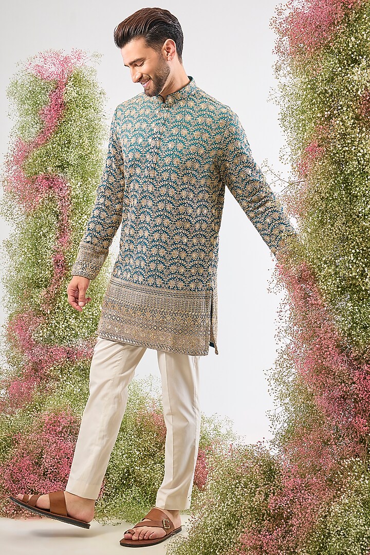 Blue Georgette Zari Work Ombre Short Kurta by Kasbah Clothing at Pernia's Pop Up Shop
