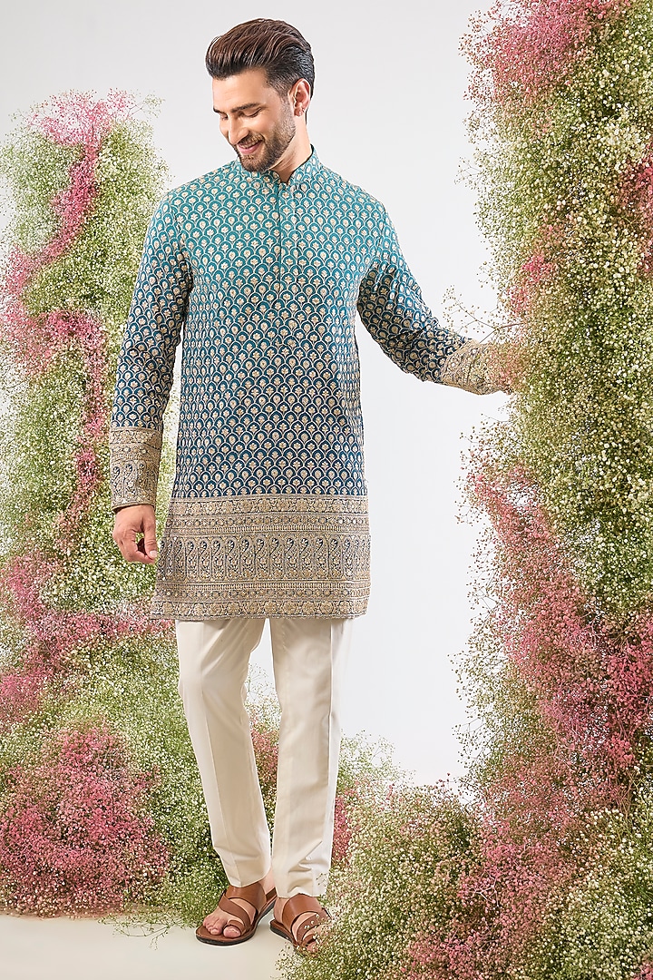 Blue Georgette Zari Work Ombre Short Kurta by Kasbah Clothing at Pernia's Pop Up Shop