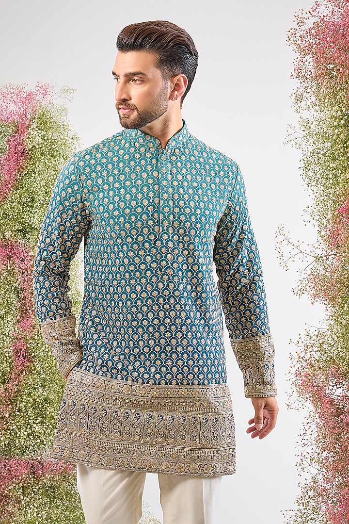Blue Georgette Zari Work Ombre Short Kurta by Kasbah Clothing at Pernia's Pop Up Shop