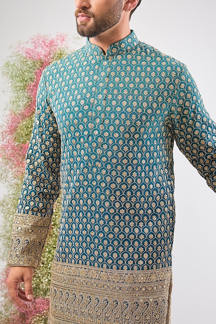 Blue Georgette Zari Work Ombre Short Kurta by Kasbah Clothing at Pernia's Pop Up Shop