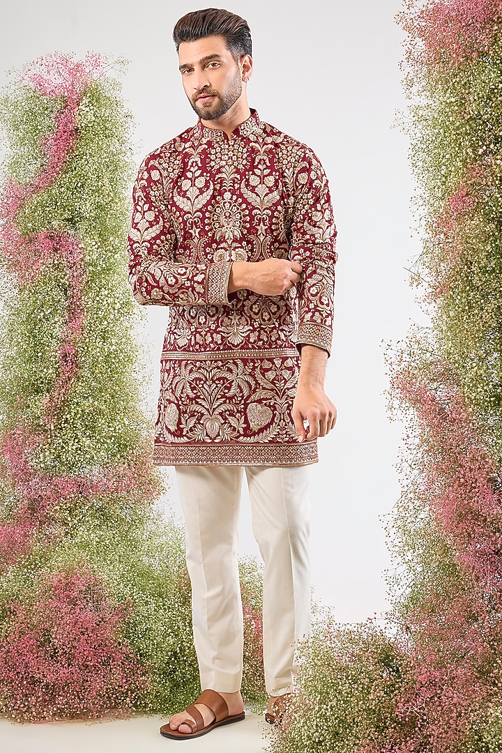 Maroon Georgette Zari & Sequin Embellished Short Kurta by Kasbah Clothing at Pernia's Pop Up Shop