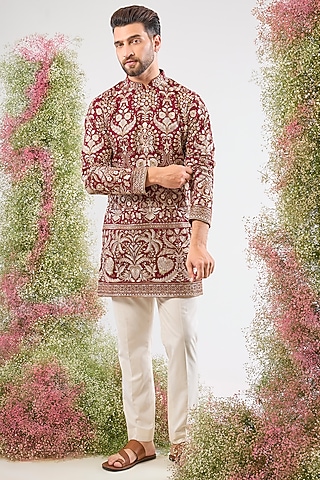 Maroon Georgette Zari & Sequin Embellished Short Kurta by Kasbah Clothing