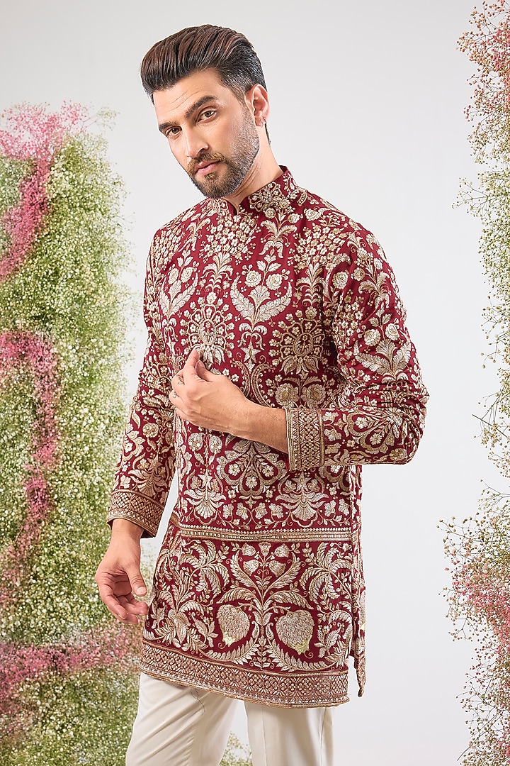 Maroon Georgette Zari & Sequin Embellished Short Kurta by Kasbah Clothing at Pernia's Pop Up Shop