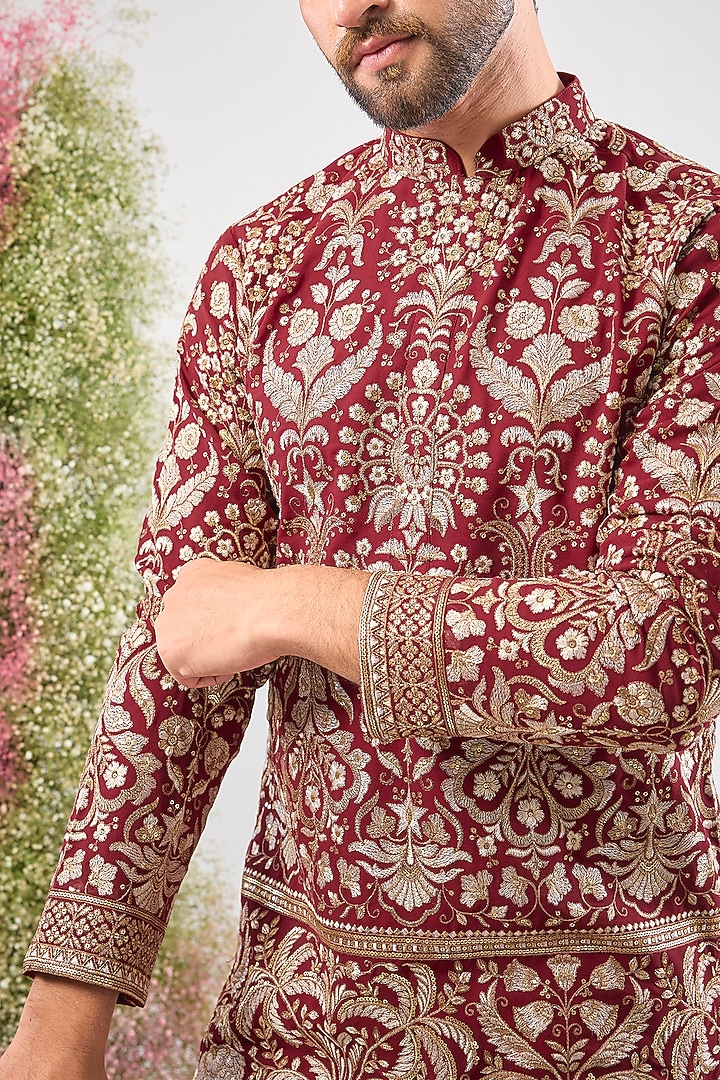 Maroon Georgette Zari & Sequin Embellished Short Kurta by Kasbah Clothing at Pernia's Pop Up Shop