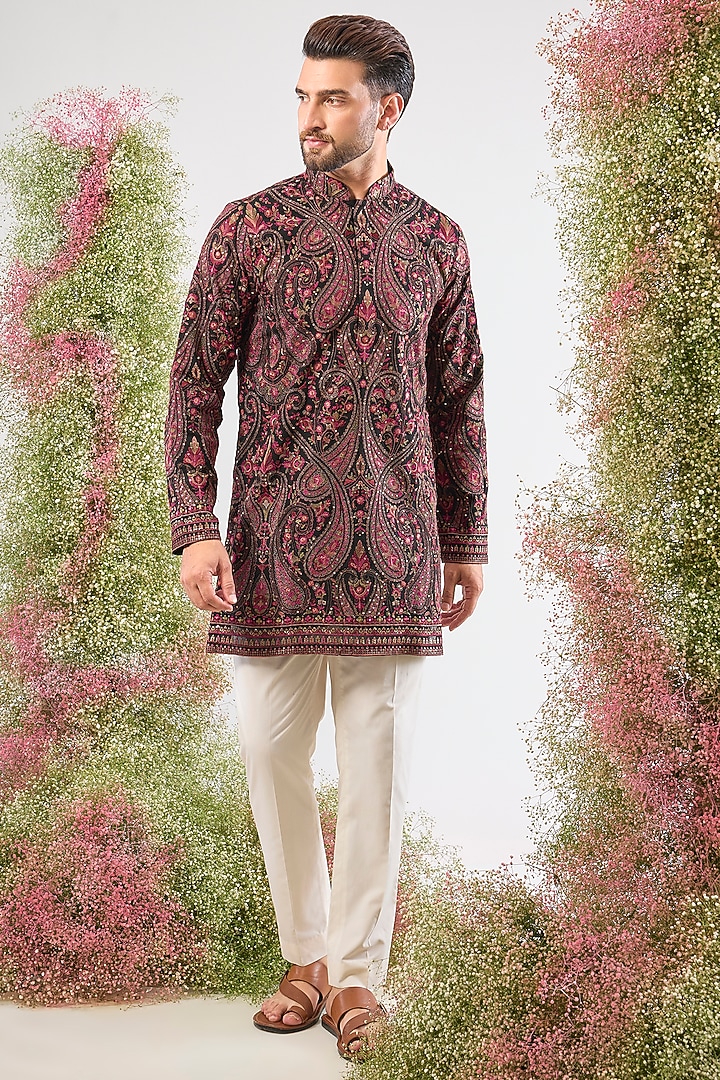 Black Georgette Kashmiri Thread Work Short Kurta by Kasbah Clothing at Pernia's Pop Up Shop