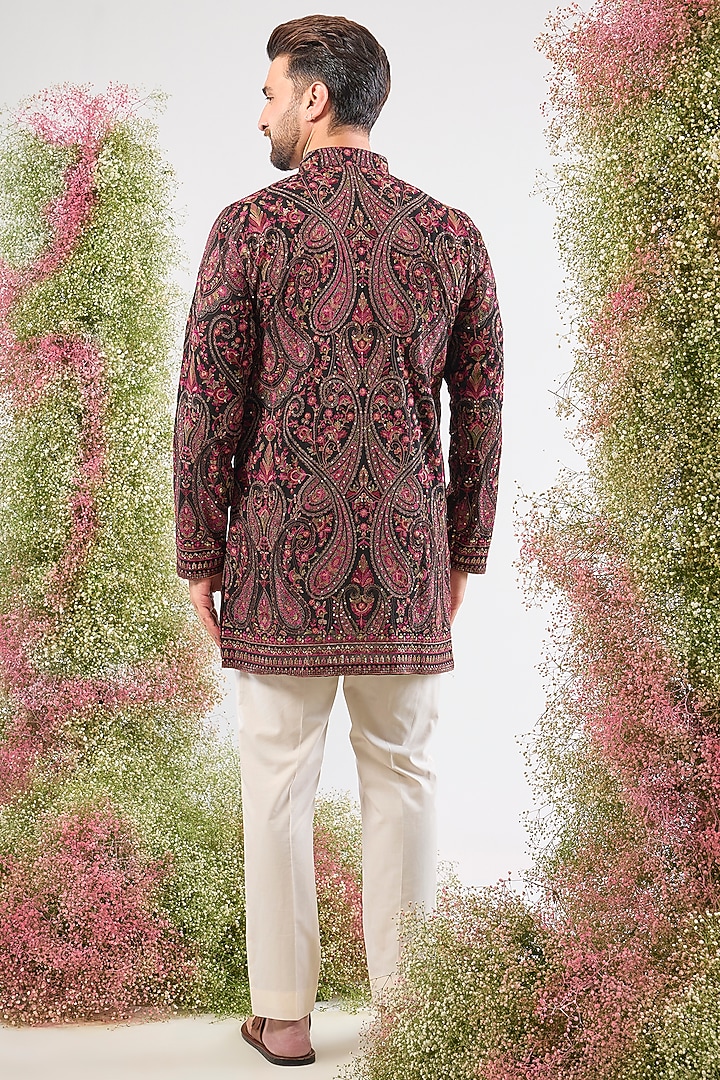 Black Georgette Kashmiri Thread Work Short Kurta by Kasbah Clothing at Pernia's Pop Up Shop