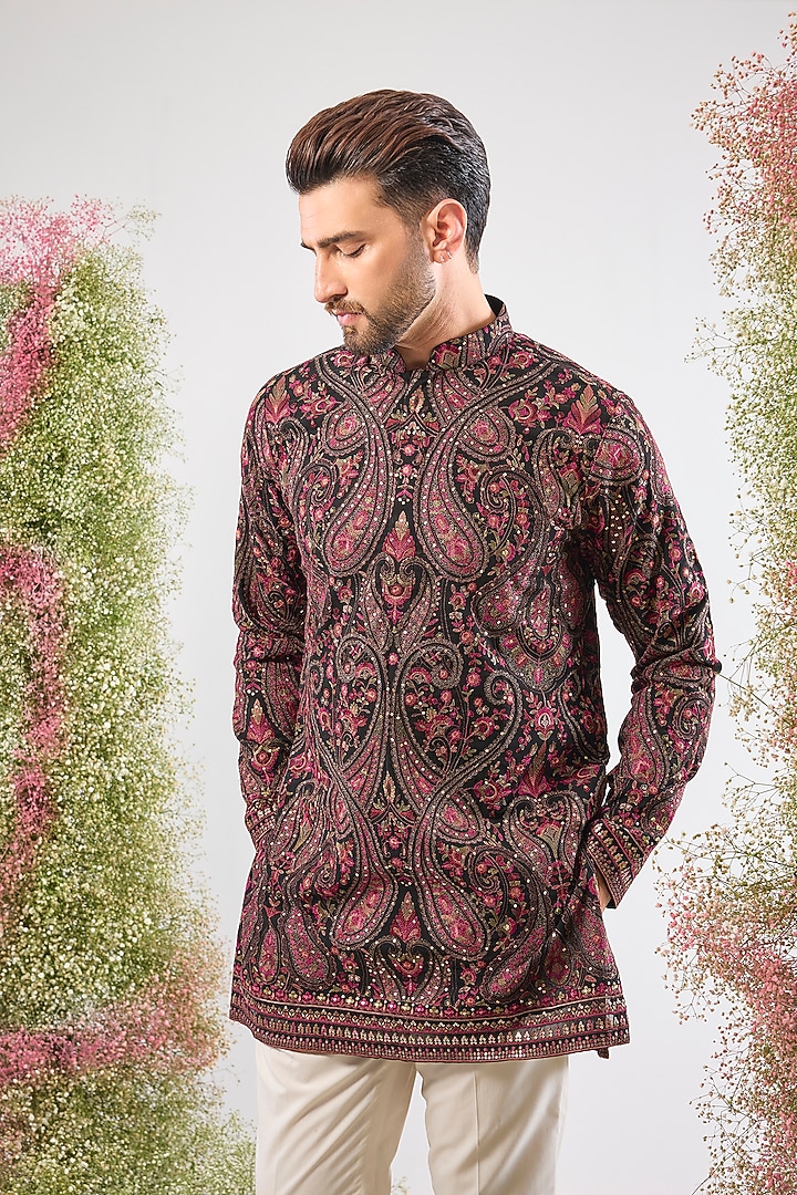 Black Georgette Kashmiri Thread Work Short Kurta by Kasbah Clothing at Pernia's Pop Up Shop