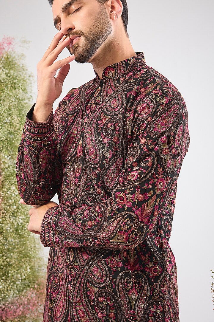 Black Georgette Kashmiri Thread Work Short Kurta by Kasbah Clothing at Pernia's Pop Up Shop