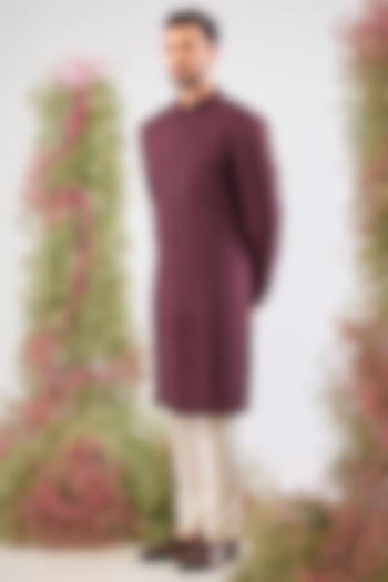 Wine Silk Thread Work Wedding Sherwani by Kasbah Clothing at Pernia's Pop Up Shop