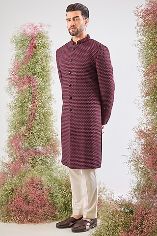 Wine Silk Thread Work Sherwani by Kasbah Clothing