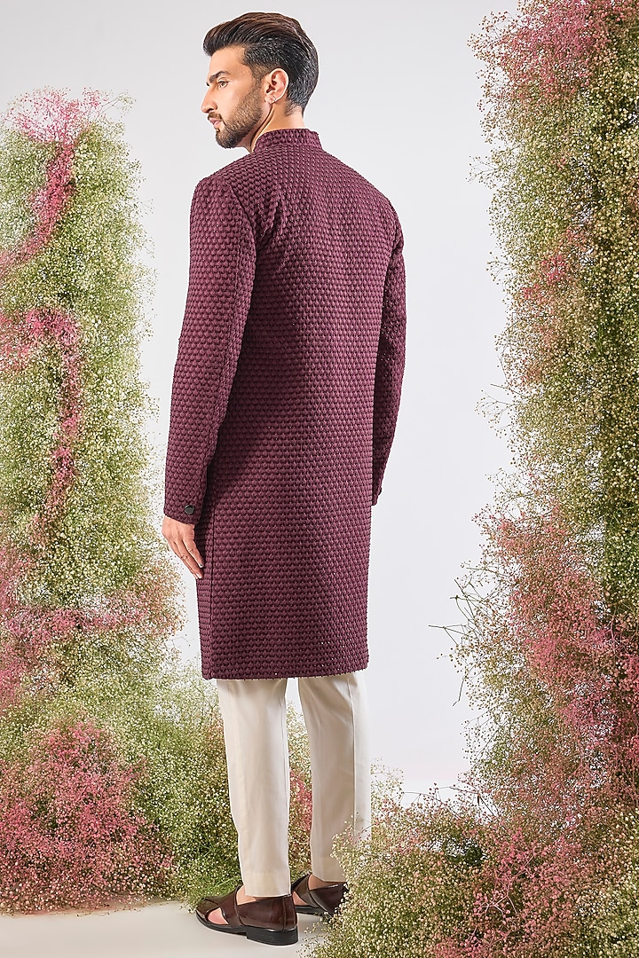 Wine Silk Thread Work Wedding Sherwani by Kasbah Clothing at Pernia's Pop Up Shop