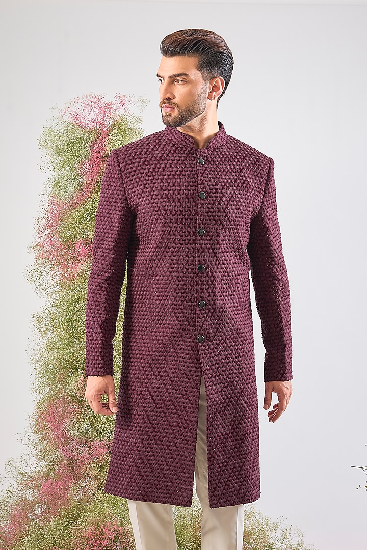 Wine Silk Thread Work Wedding Sherwani by Kasbah Clothing at Pernia's Pop Up Shop