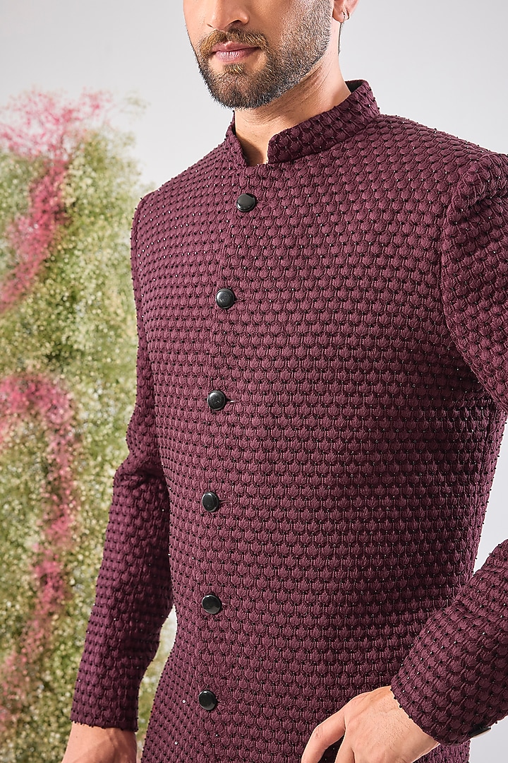 Wine Silk Thread Work Wedding Sherwani by Kasbah Clothing at Pernia's Pop Up Shop