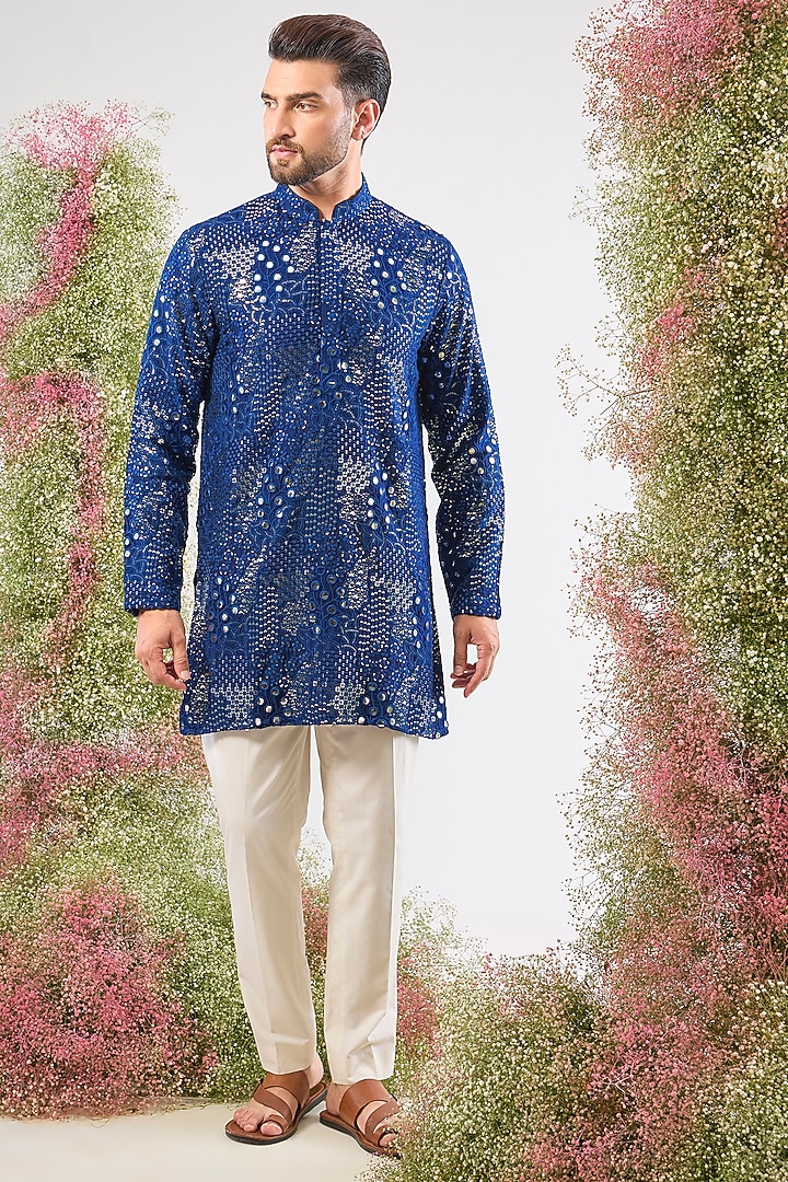 Bright Blue Silk Mirror Work Kurta by Kasbah Clothing at Pernia's Pop Up Shop