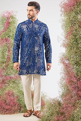 Bright Blue Silk Mirror Work Kurta by Kasbah Clothing