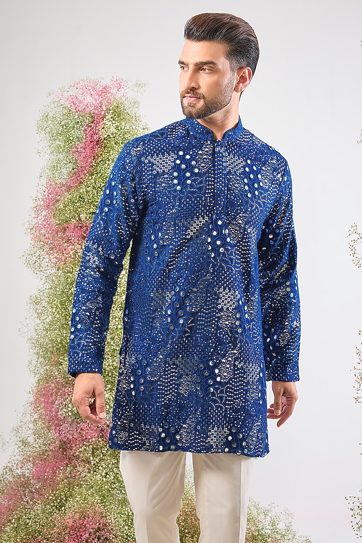 Bright Blue Silk Mirror Work Kurta by Kasbah Clothing at Pernia's Pop Up Shop