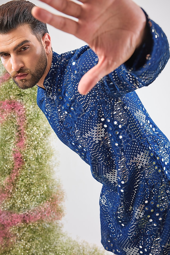 Bright Blue Silk Mirror Work Kurta by Kasbah Clothing at Pernia's Pop Up Shop