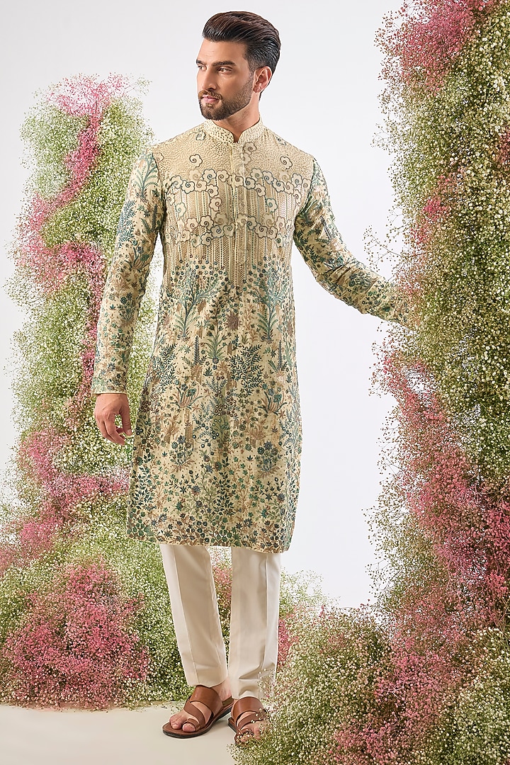 Ivory Cream Georgette Thread Work Kurta by Kasbah Clothing at Pernia's Pop Up Shop