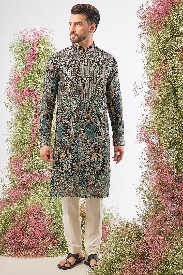 Black Georgette Thread Work Kurta by Kasbah Clothing at Pernia's Pop Up Shop