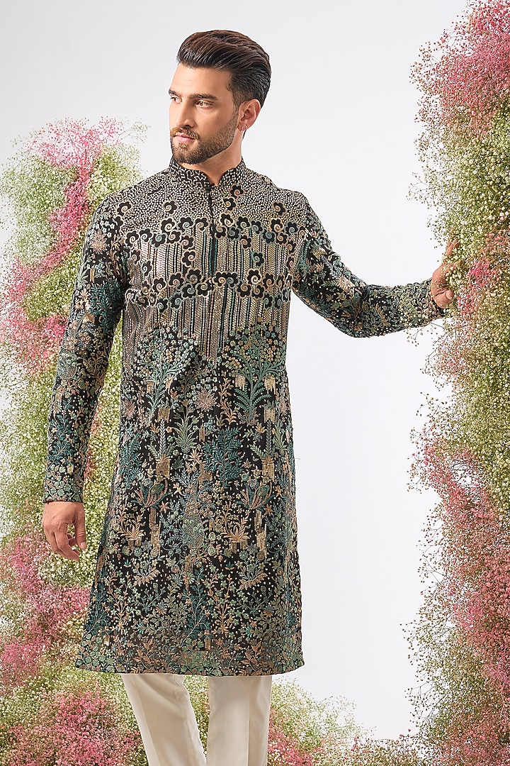 Black Georgette Thread Work Kurta by Kasbah Clothing at Pernia's Pop Up Shop