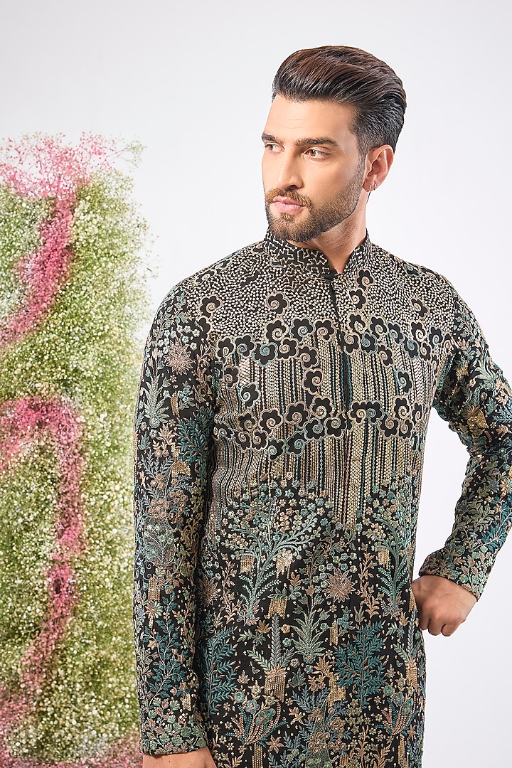 Black Georgette Thread Work Kurta by Kasbah Clothing at Pernia's Pop Up Shop