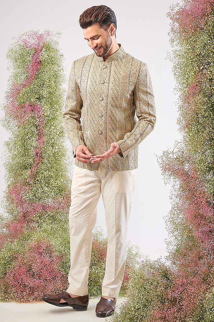 Sage Green Georgette Zari Work Wedding Bandhgala by Kasbah Clothing at Pernia's Pop Up Shop